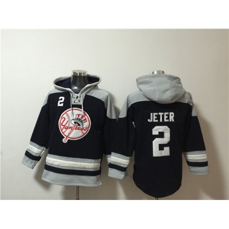 Men's New York Yankees #2 Derek Jeter Black/Grey Ageless Must-Have Lace-Up Pullover Hoodie