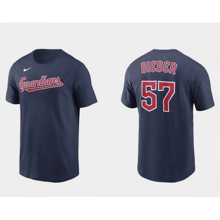 Men's Cleveland Guardians #57 Shane Bieber Navy Name & Number T-Shirt