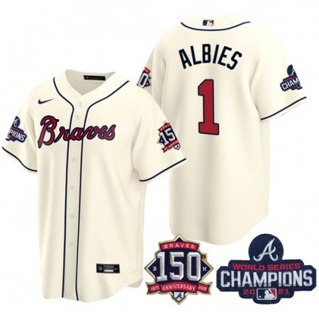 Men's Atlanta Braves #1 Ozzie Albies 2021 Cream World Series Champions With 150th Anniversary Patch Cool Base Stitched Jersey