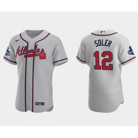 Men's Atlanta Braves #12 Jorge Soler 2021 Grey World Series Champions Flex Base Stitched Jersey