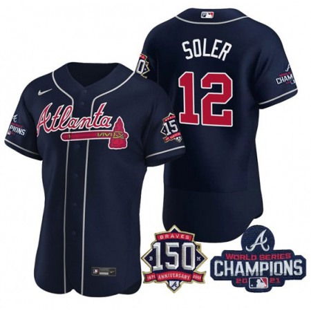 Men's Atlanta Braves #12 Jorge Soler 2021 Navy World Series Champions With 150th Anniversary Flex Base Stitched Jersey