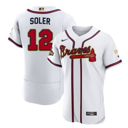 Men's Atlanta Braves #12 Jorge Soler 2022 White/Gold World Series Champions Program Flex Base Stitched Baseball Jersey