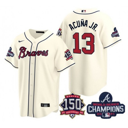 Men's Atlanta Braves #13 Ronald Acuna Jr. 2021 Cream World Series Champions With 150th Anniversary Patch Cool Base Stitched Jersey