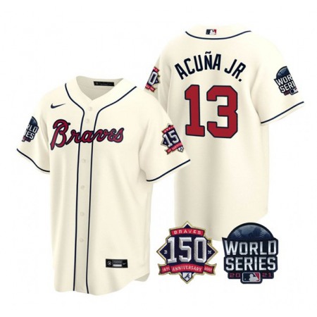 Men's Atlanta Braves #13 Ronald Acuna Jr. 2021 Cream World Series With 150th Anniversary Patch Cool Base Stitched Jersey