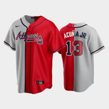 Men's Atlanta Braves #13 Ronald Acuna Jr. Gray/Red Split Cool Base Stitched Baseball Jersey