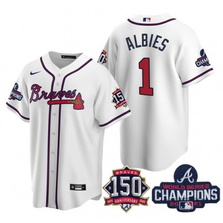 Men's Atlanta Braves #1 Ozzie Albies 2021 White World Series Champions With 150th Anniversary Patch Cool Base Stitched Jersey