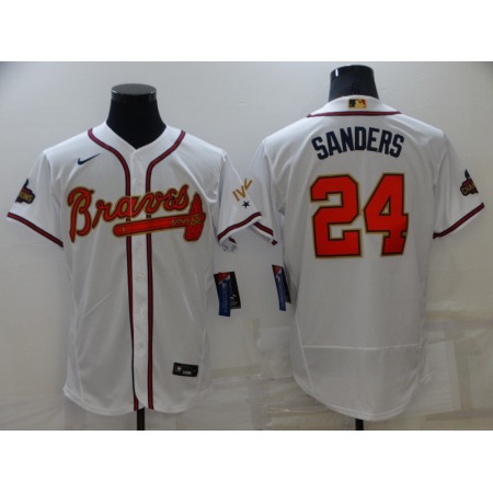 Men's Atlanta Braves #24 Deion Sanders 2022 White/Gold World Series Champions Program Flex Base Stitched Baseball Jersey