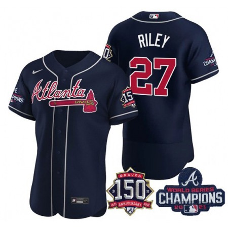 Men's Atlanta Braves #27 Austin Riley 2021 Navy World Series Champions With 150th Anniversary Flex Base Stitched Jersey