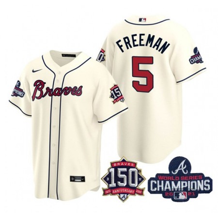 Men's Atlanta Braves #5 Freddie Freeman 2021 Cream World Series Champions With 150th Anniversary Patch Cool Base Stitched Jersey