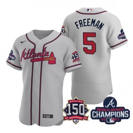 Men's Atlanta Braves #5 Freddie Freeman 2021 Grey World Series Champions With 150th Anniversary Flex Base Stitched Jersey