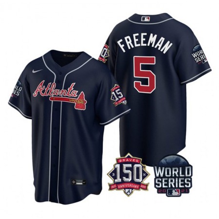 Men's Atlanta Braves #5 Freddie Freeman 2021 Navy World Series With 150th Anniversary Patch Cool Base Stitched Jersey