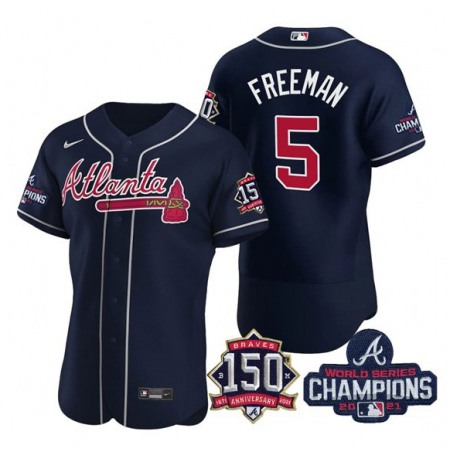 Men's Atlanta Braves #5 Freddie Freeman 2021 Navy World Series With 150th Anniversary Patch Stitched Baseball Jersey