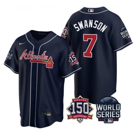 Men's Atlanta Braves #7 Dansby Swanson 2021 Navy World Series With 150th Anniversary Patch Cool Base Stitched Jersey