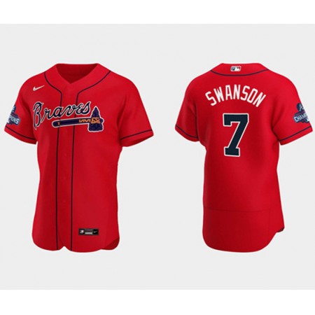 Men's Atlanta Braves #7 Dansby Swanson 2021 Red World Series Champions Flex Base Stitched Jersey