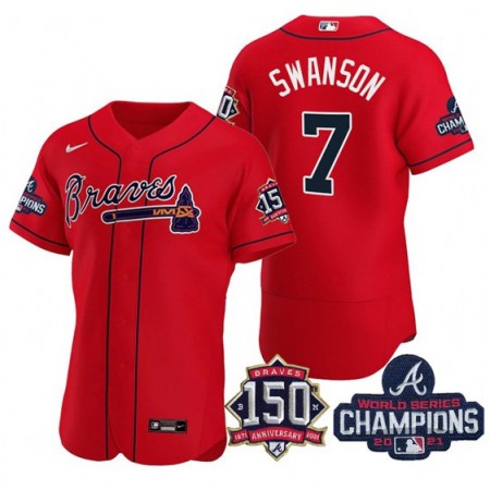 Men's Atlanta Braves #7 Dansby Swanson 2021 Red World Series Champions With 150th Anniversary Flex Base Stitched Jersey