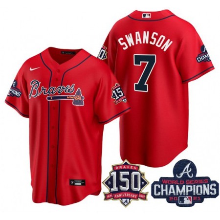 Men's Atlanta Braves #7 Dansby Swanson 2021 Red World Series Champions With 150th Anniversary Patch Cool Base Stitched Jersey