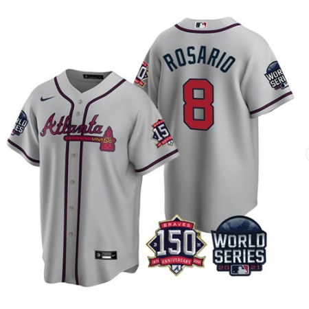 Men's Atlanta Braves #8 Eddie Rosario 2021 Gray World Series With 150th Anniversary Patch Cool Base Stitched Jersey