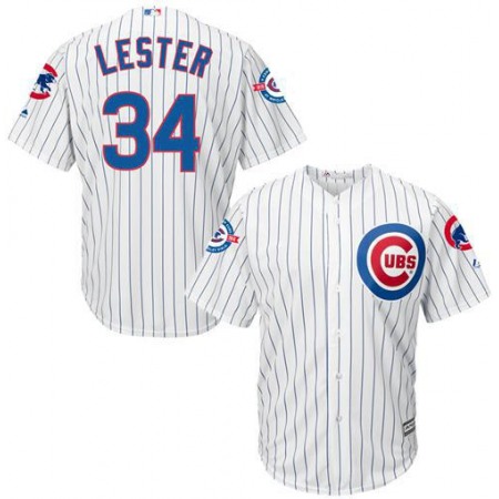 Cubs #34 Jon Lester White Strip New Cool Base with 100 Years at Wrigley Field Commemorative Patch Stitched MLB Jersey