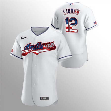 Men's Cleveland indians #12 Francisco Lindor White 2020 Stars & Stripes Flex Base Stitched Jersey