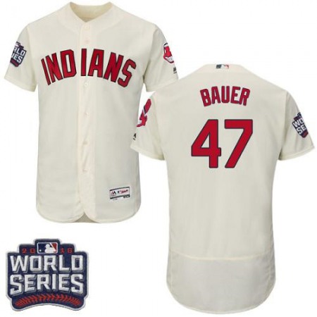 indians #47 Trevor Bauer Cream Flexbase Authentic Collection 2016 World Series Bound Stitched MLB Jersey