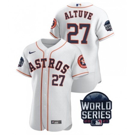 Men's Houston Astros #27 Jose Altuve 2021 White World Series Flex Base Stitched Baseball Jersey