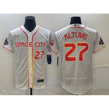 Men's Houston Astros #27 Jose Altuve White With 2022 World Serise Champions Patch Stitched Baseball Jersey