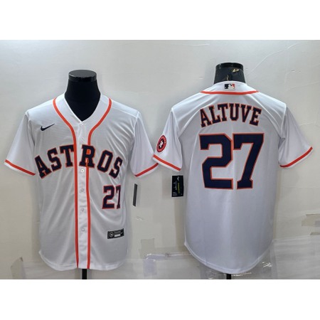 Men's Houston Astros #27 Jose Altuve White With Patch Cool Base Stitched Jersey