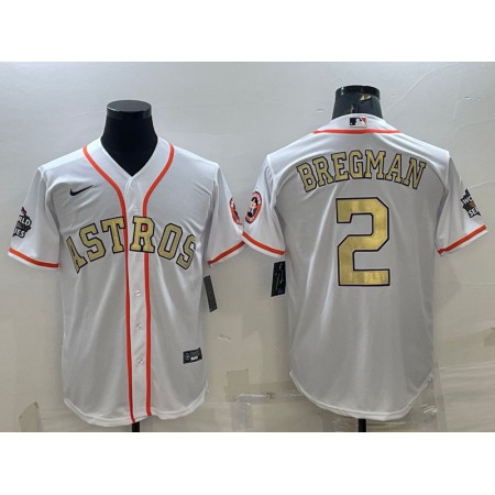 Men's Houston Astros #2 Alex Bregman White Gold 2022 World Series Stitched Baseball Jersey