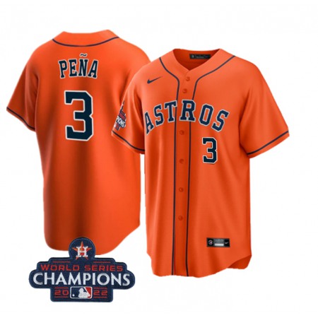 Men's Houston Astros #3 Jeremy Pena Orange 2022 World Series Champions Cool Base With No. in Front Stitched Baseball Jersey