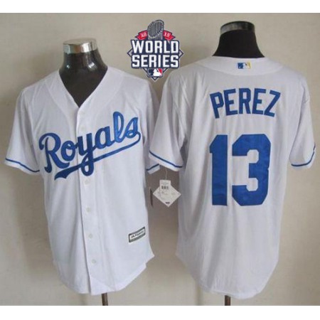 Royals #13 Salvador Perez White New Cool Base W/2015 World Series Patch Stitched MLB Jersey