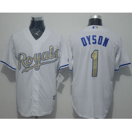 Royals #1 Jarrod Dyson White New Cool Base 2015 World Series Champions Gold Program Stitched MLB Jersey