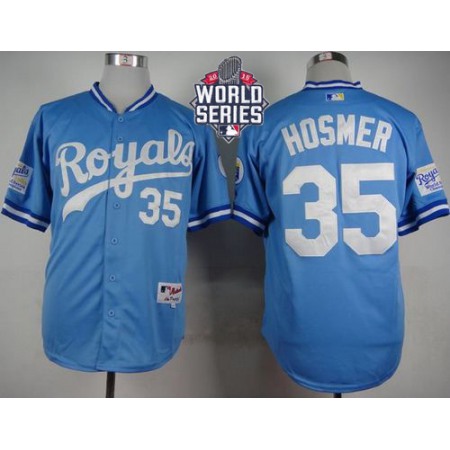 Royals #35 Eric Hosmer Light Blue 1985 Turn Back The Clock W/2015 World Series Patch Stitched MLB Jersey