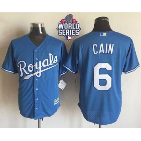 Royals #6 Lorenzo Cain Light Blue Alternate 1 New Cool Base W/2015 World Series Patch Stitched MLB Jersey