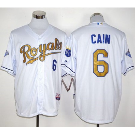 Royals #6 Lorenzo Cain White 2015 World Series Champions Gold Program Stitched MLB Jersey