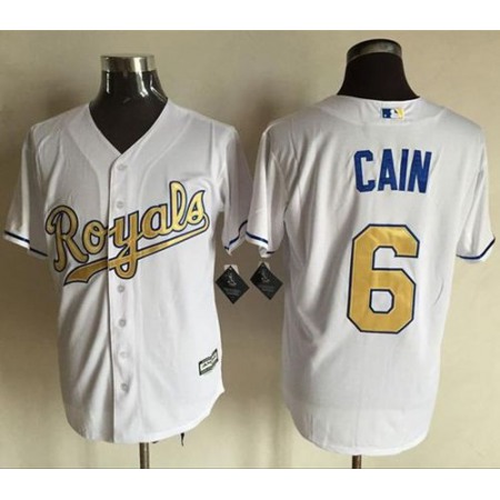 Royals #6 Lorenzo Cain White New Cool Base 2015 World Series Champions Gold Program Stitched MLB Jersey