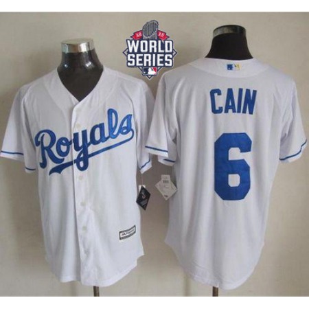 Royals #6 Lorenzo Cain White New Cool Base W/2015 World Series Patch Stitched MLB Jersey