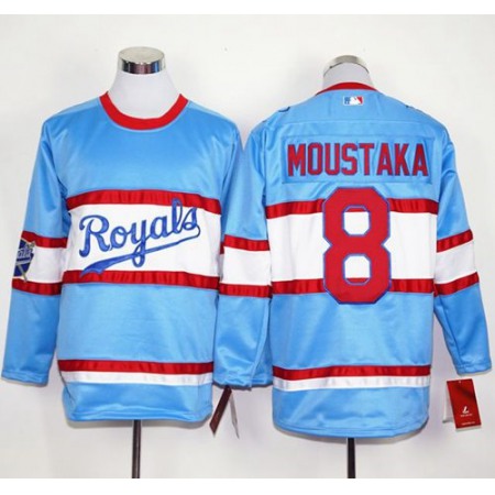 Royals #8 Mike Moustakas Light Blue Long Sleeve Stitched MLB Jersey