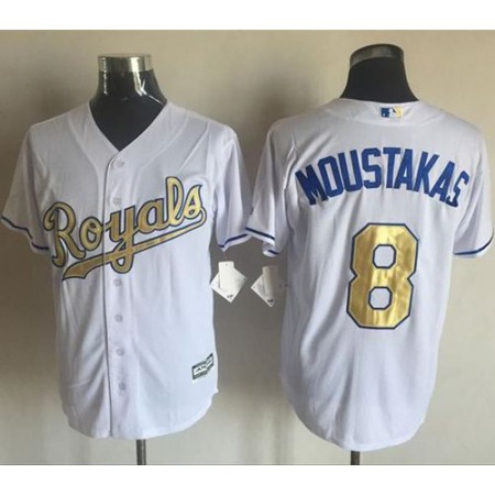 Royals #8 Mike Moustakas White New Cool Base 2015 World Series Champions Gold Program Stitched MLB Jersey