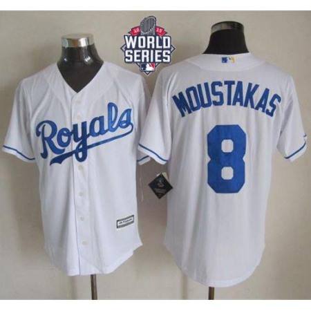 Royals #8 Mike Moustakas White New Cool Base W/2015 World Series Patch Stitched MLB Jersey