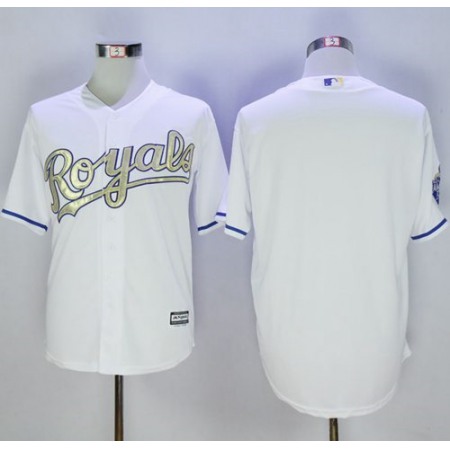 Royals Blank White New Cool Base 2015 World Series Champions Gold Program Stitched MLB Jersey