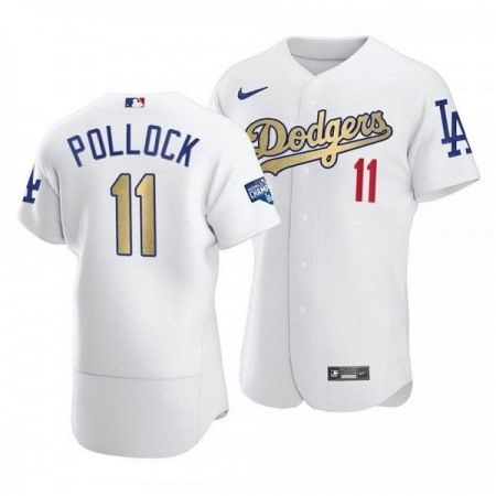 Men's Los Angeles Dodgers #11 A.J. Pollock White Gold Championship Flex Base Stitched Baseball Jersey