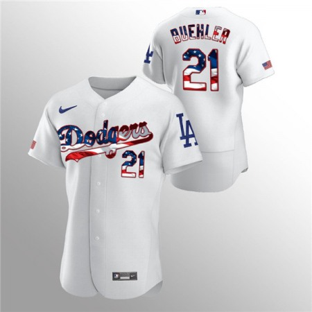 Men's Los Angeles Dodgers #21 Walker Buehler White 2020 Stars & Stripes Flex Base Stitched Jersey