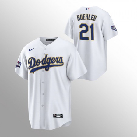 Men's Los Angeles Dodgers #21 Walker Buehler White Champions Patch Gold Program Cool Base Stitched Jersey