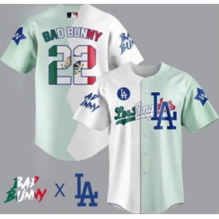 Men's Los Angeles Dodgers #22 Bad Bunny White/Green Split Cool Base Stitched Baseball Jersey