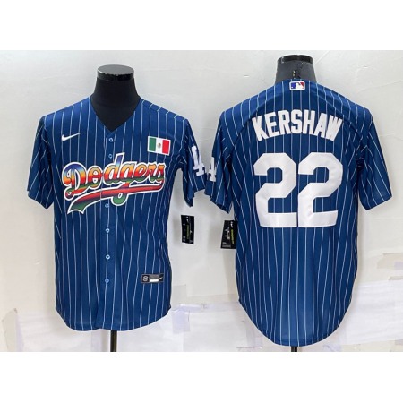 Men's Los Angeles Dodgers #22 Clayton Kershaw Navy Mexico Rainbow Cool Base Stitched Baseball Jersey