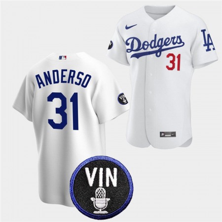 Men's Los Angeles Dodgers #31 Tyler Anderson 2022 White Vin Scully Patch Cool Base Stitched Baseball Jersey