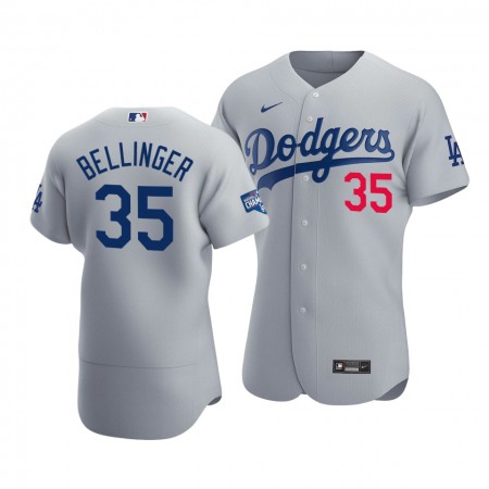 Men's Los Angeles Dodgers #35 Cody Bellinger 2020 Grey World Series Champions Patch Flex Base Sttiched Jersey