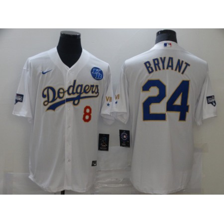 Men's Los Angeles Dodgers Front #8 Back #24 Kobe Bryant With KB Patch White Gold Championship Cool Base Stitched Jersey