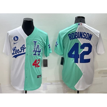 Men's Los Angeles Dodgers #42 Jackie Robinson 2022 All-Star White/Green Cool Base Stitched Baseball Jersey