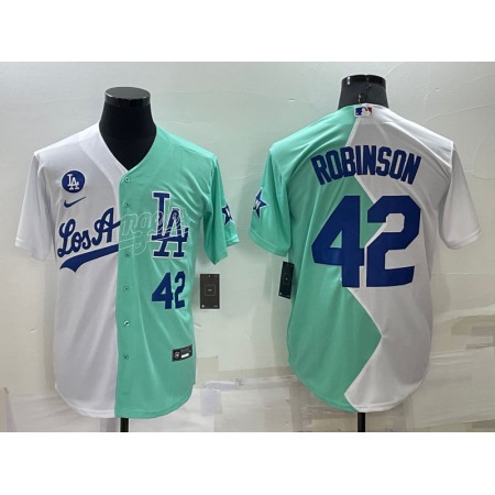 Men's Los Angeles Dodgers #42 Jackie Robinson 2022 All-Star White/Green Cool Base Stitched Baseball Jersey